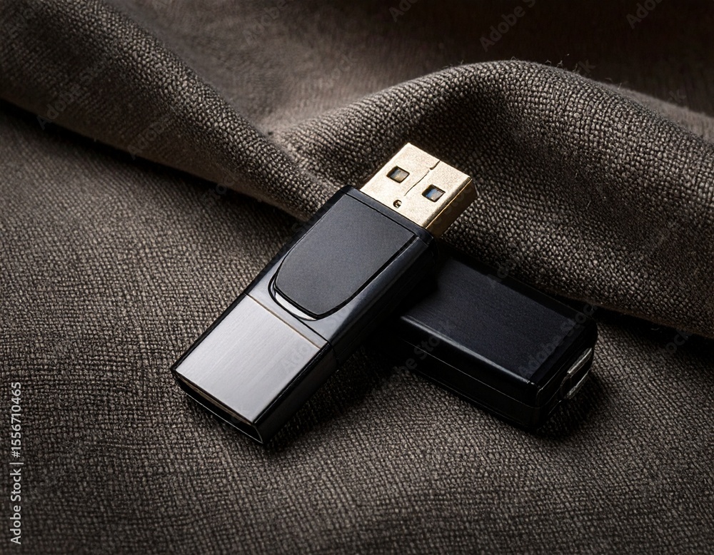 Poster sophisticated flat lay of a usb device on dark linen texture with dramatic glow and depth