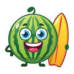 Excited Watermelon Surfing Character - Vector Illustration