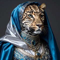 Regal leopard dressed in blue and gold costume with satin gown and silk scarf artistic style