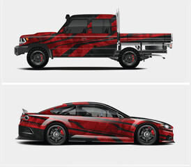 Red and Black Graphic Wraps for Pickup Truck and Sports Car