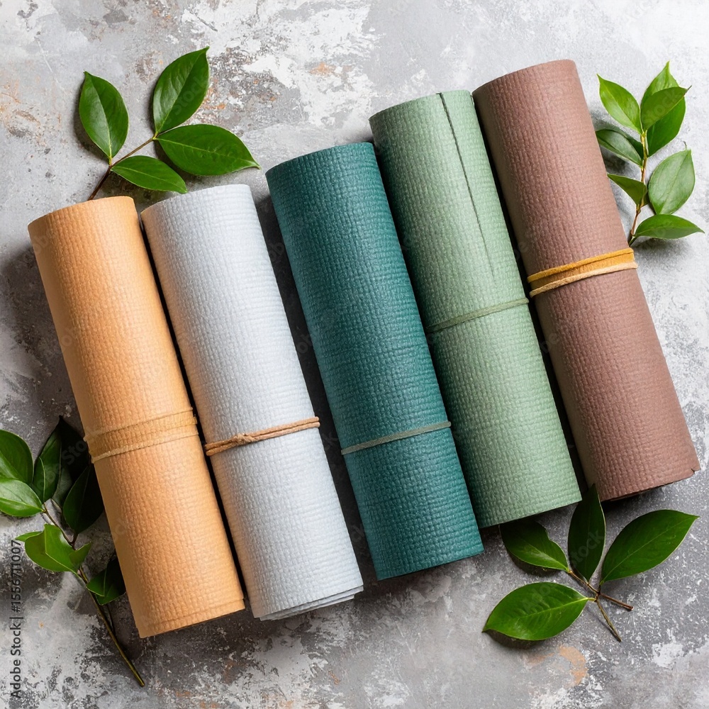 Poster set of four rolls of paper wrapped in various colors on table with natural warm softness