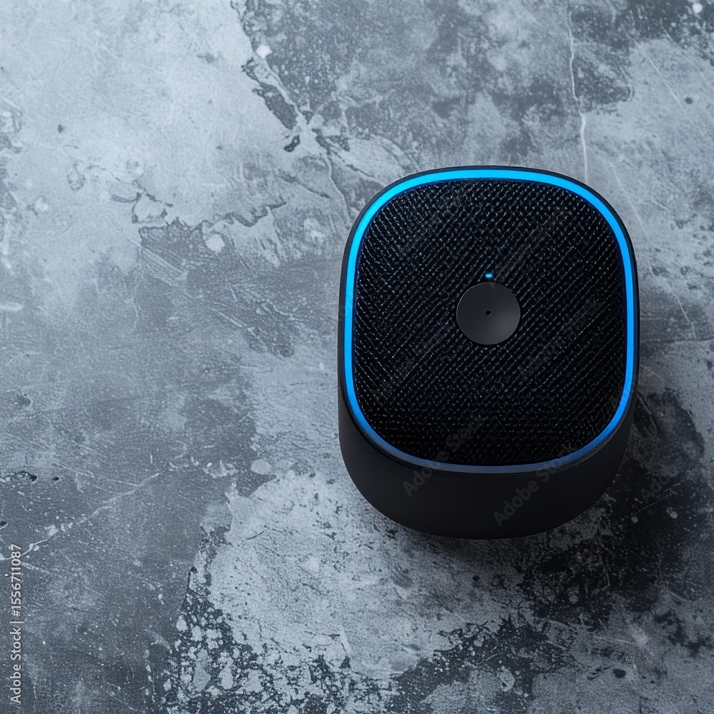 Poster modern flat lay of a bluetooth speaker on a gray surface with concrete texture and cool tones