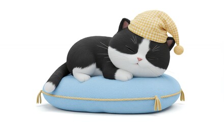 Sleeping cat figurine on light blue pillow