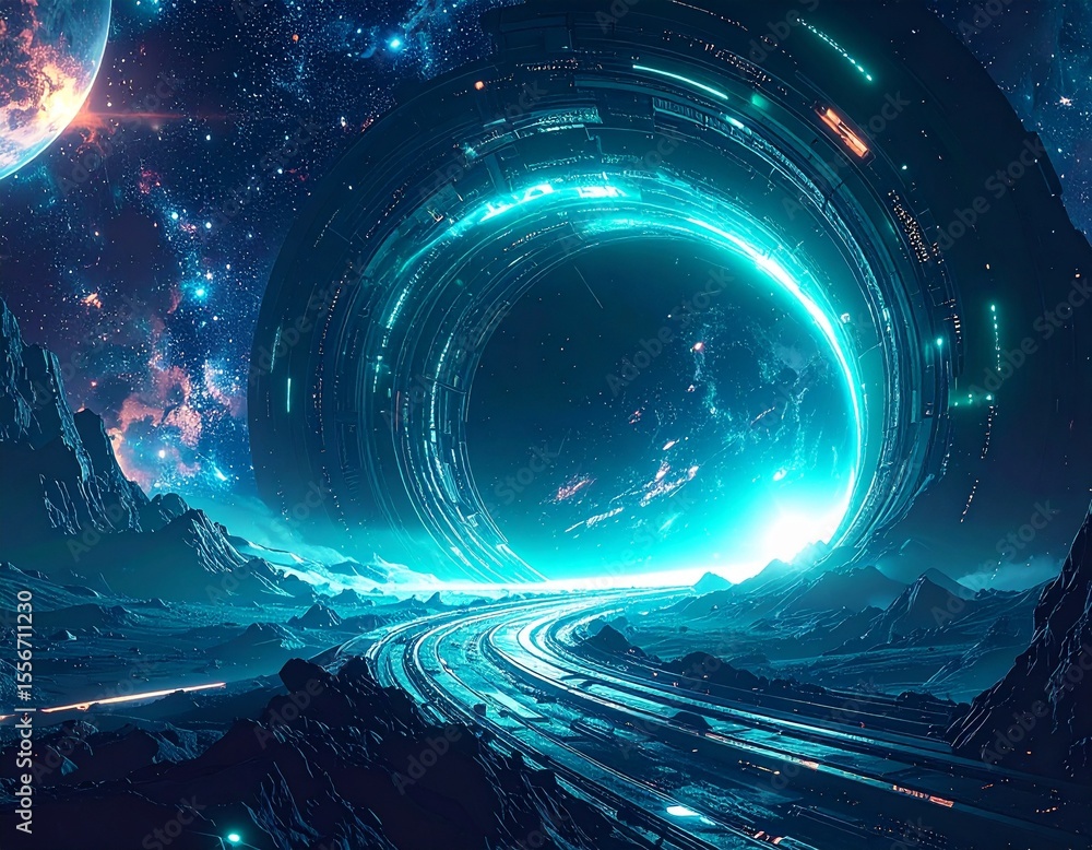 Poster mysterious tunnel located within a planet featuring a futuristic sci-fi design and glow