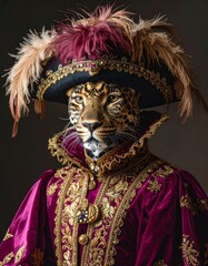 Elegant leopard wearing a feathered hat and embroidered tunic in rich baroque style fashion