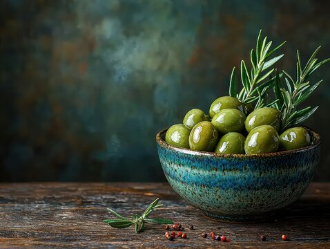 A bowl of green olives, garnished with rosemary sprigs, sits on a rustic wooden table