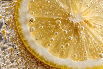 Fresh lemon slice in sparkling water with effervescent bubbles for beverage advertising, summer refreshment, and healthy drink packaging concepts. 