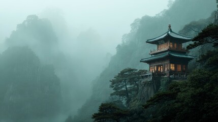 Obraz premium Misty mountain temple in valley