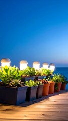 Stylish deck featuring pots of plants with led grow lights in a bright ocean blue background