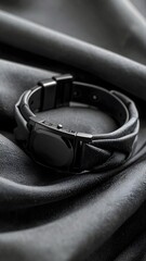 Elegant black watch resting on luxurious black cloth with soft fabric folds and layers
