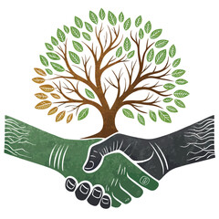 Depict two hands shaking, seamlessly transitioning into the roots and trunk of a thriving tree, symbolizing partnership and growth.