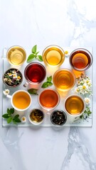 Aesthetic tray of herbal teas displayed on a monochrome glass background with soft hues