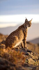 Bobcat gracefully positioned on rocky mountain terrain in a minimalist wildlife setting
