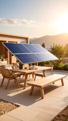 Stylish patio with table and chairs surrounded by lush greenery and solar panels