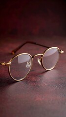 A pair of antique glasses elegantly displayed on a table with deep maroon vintage shades