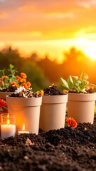 Beautiful row of biodegradable pots with colorful flowers and candles on sunset orange