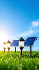 Solar panels and lanterns illuminating a lush green lawn in a sustainable outdoor setting