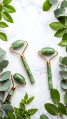 Elegant flat lay of green plant with gold handle and jade rollers on ceramic background