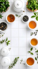 Fresh flat lay of herbal teas and aromatic herbs on a soft white tiled background