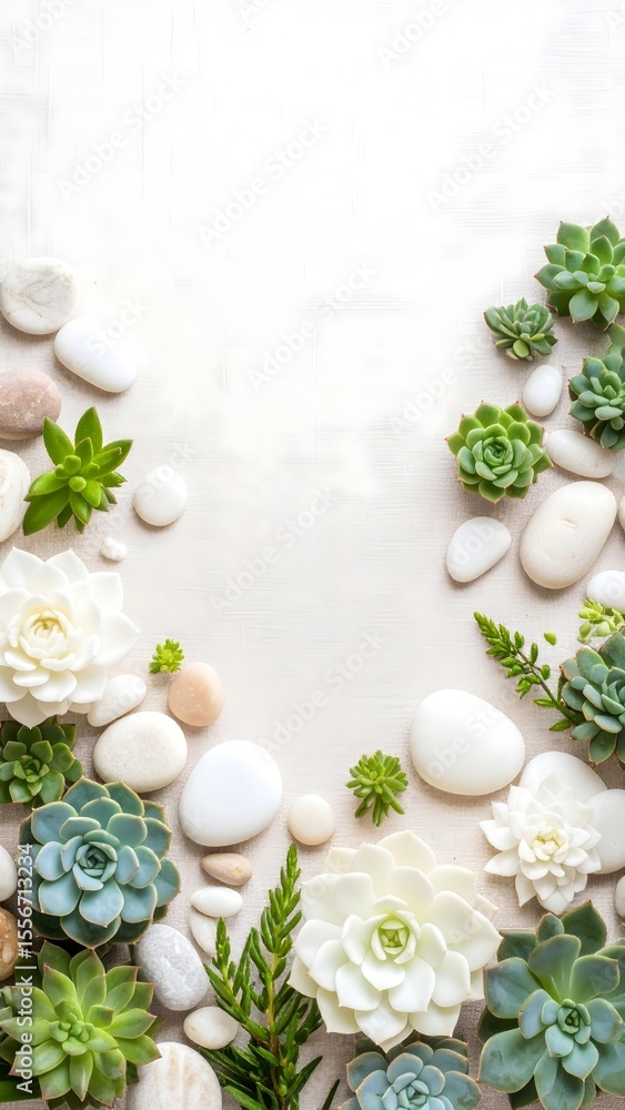 Poster charming flat lay of succulent arrangements with green border on soft canvas background