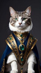 Majestic cat dressed as a king in cotton vest with emerald in cubist artistic style