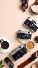 Vintage camera and coffee on a ceramic surface with earthy tones for relaxing vibes