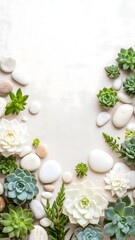 Charming flat lay of succulent arrangements with green border on soft canvas background