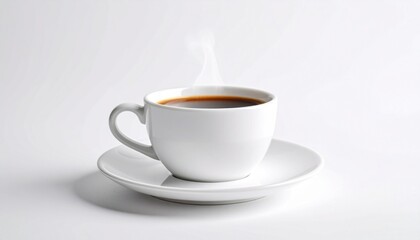Fototapeta premium A photorealistic image of a hot cup of coffee with rising steam, served in a ceramic cup placed on a saucer. The warm light and subtle background create a cozy, inviting atmosphere. This image was gen