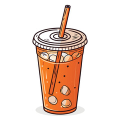 Cartoon Thai iced tea, vibrant orange, straw, condensation, bubbly, cute, refreshing drink, stylized.