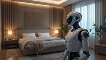 A futuristic robot stands in a modern bedroom with a neatly made bed and soft lighting.