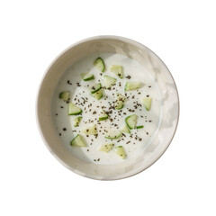 Creamy tzatziki soup bowl, with cucumber slices and herbs on top, perfect for a healthy and refreshing summer meal, showcasing culinary delicacy and balanced diet, transparent background