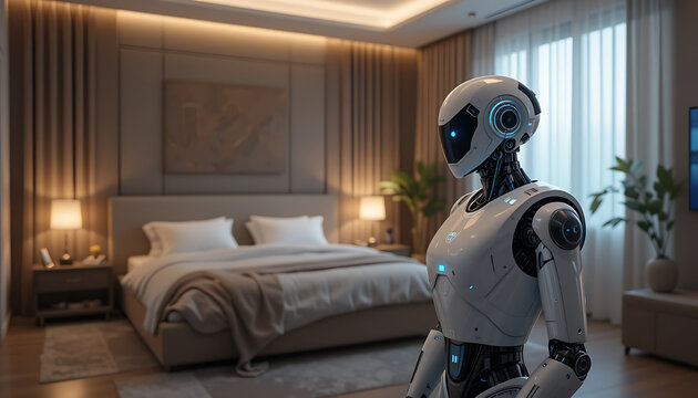 A futuristic robot stands in a modern bedroom with a neatly made bed and soft lighting.