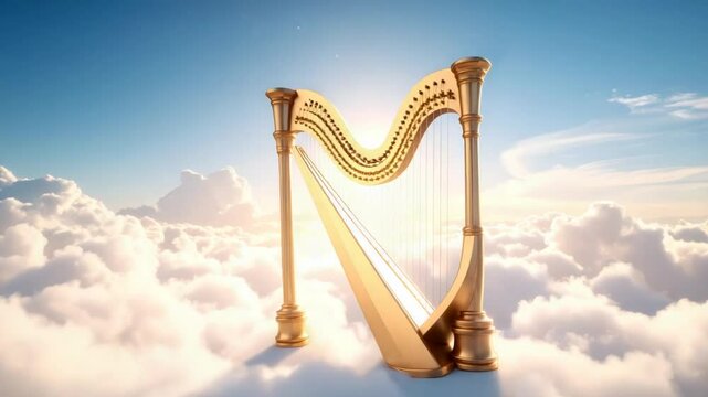 Golden harp floating on clouds