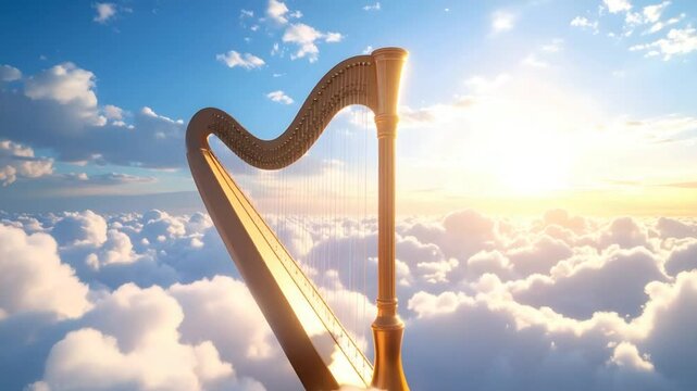 Golden harp floating in clouds