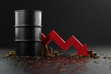 Crude oil barrel with red downward arrow and Brent oil label, symbolizing oil price drop after ceasefire.