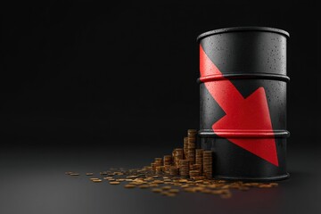 Crude oil barrel with red downward arrow and Brent oil label, symbolizing oil price drop after ceasefire.