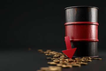 Crude oil barrel with red downward arrow and Brent oil label, symbolizing oil price drop after ceasefire.