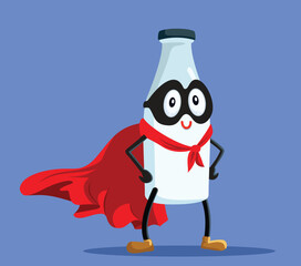 Superhero Bottle of Milk Vector Character Mascot. Diary product wearing a super hero mask and cape
