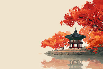 Obraz premium Korean traditional pavilion surrounded by autumn foliage — oriental style illustration