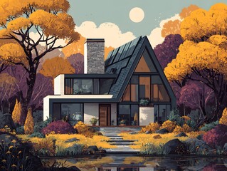 An angular modern house with large sits led in a colorful autumn landscape near a tranquil pond.