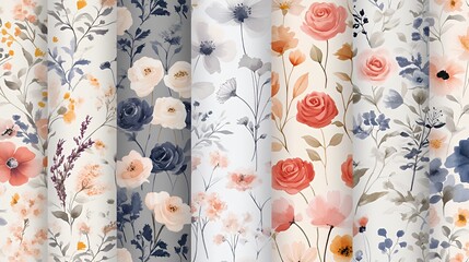 A vibrant collection of floral-patterned wallpaper rolls in soft pastel colors.