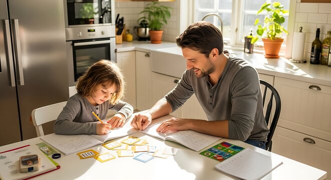 Father and son happily doing homework together at the kitchen table learning and bonding