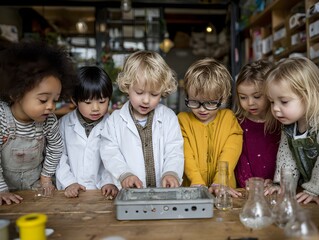 Diverse group of young children conduct science experiment with beakers in a bright learning environment.