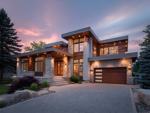 Contemporary house with wood and stone facade gleams under beautiful sunset in suburban neighborhood setting.