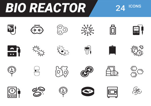 Bio Reactor Icons: A clean and informative display of bio reactor icons, meticulously crafted in a vector design. Each icon represents essential components of a bio reactor.  Aesthetically pleasing.