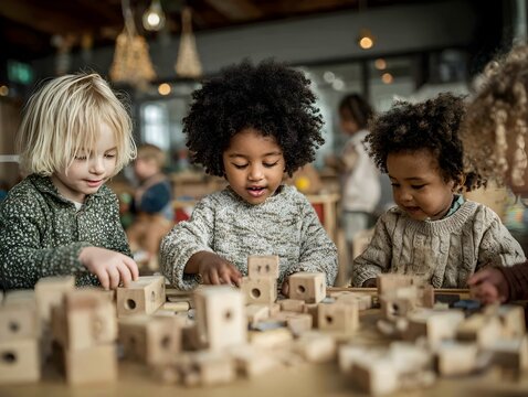 Diverse group of young children enthusiastically play with wooden building blocks together at a table indoors.
