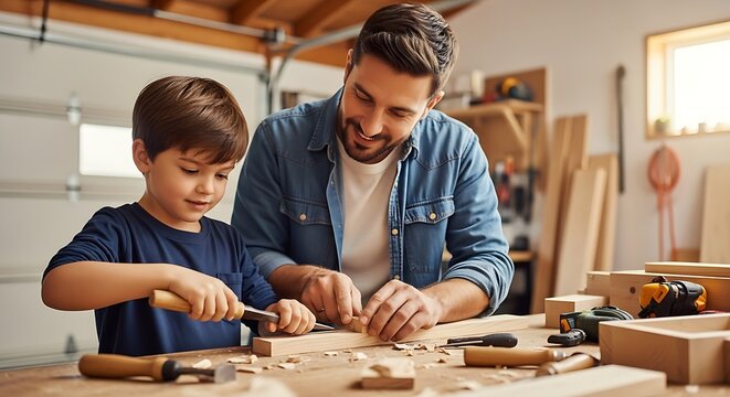 Father and Son Woodworking Together in Garage Learning Carpentry Skills and Bonding Time Building Wooden Project Together