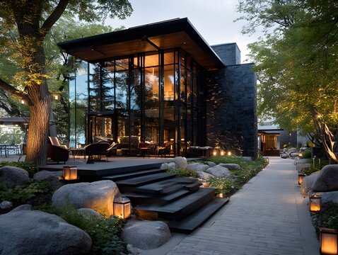 A modern glass house with stone landscaping and warm interior lighting sits amongst leafy trees outside now. - Powered by Adobe