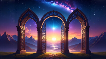 Three ancient, ornate arches with open gates reveal a breathtaking mountain valley landscape with a winding river, illuminated by a brilliant sunrise and a vibrant, starry night sky. The scene is magi