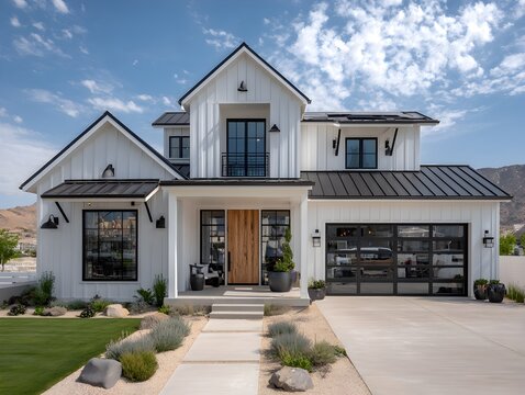 A modern farmhouse with white vertical siding and a black metal roof sits beneath a partly cloudy blue sky.